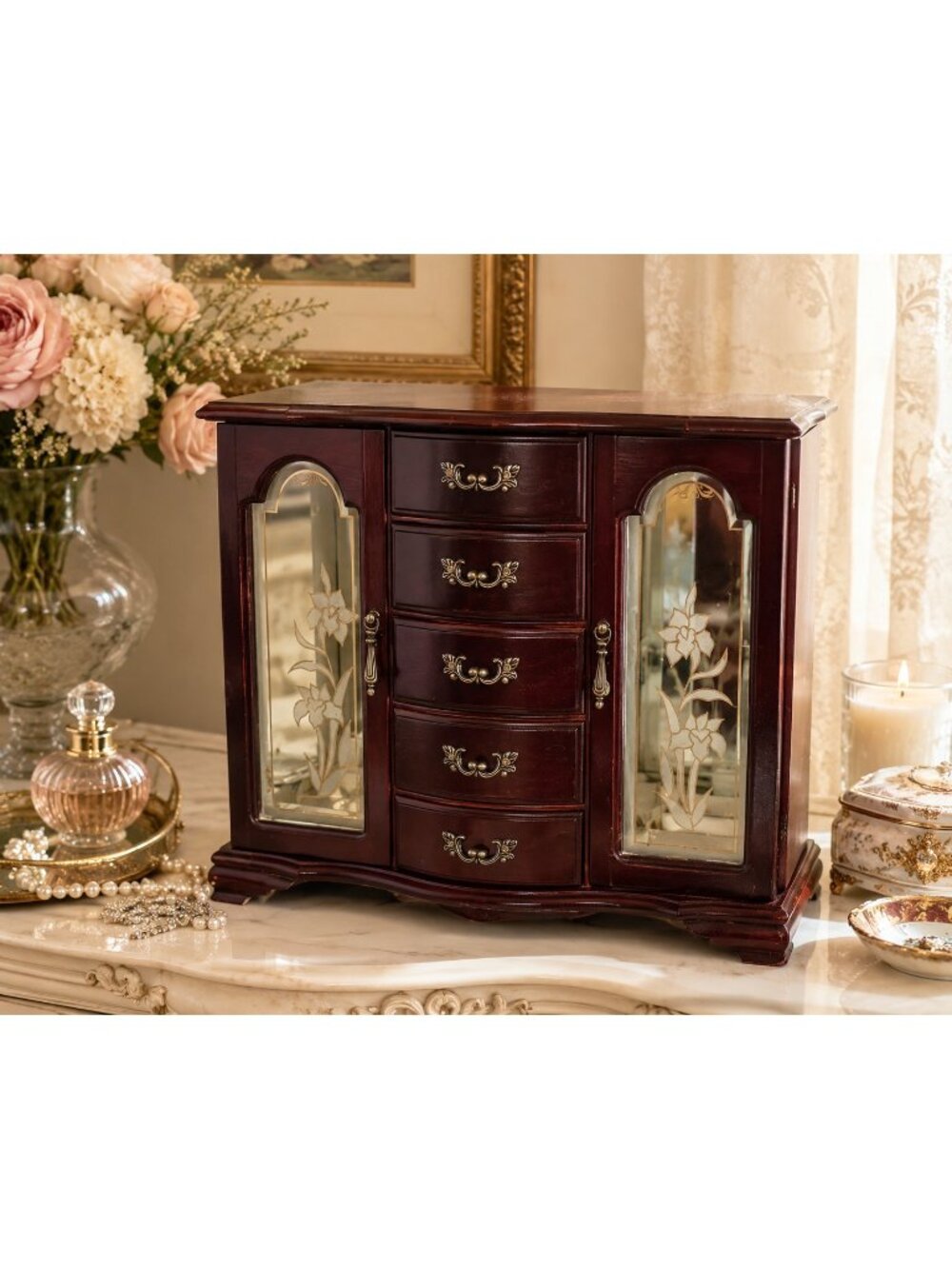 Vintage Cherry Wood Jewelry Armoire French Provincial Etched Mirrored Chest